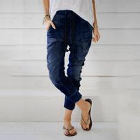 Women Summer Elastic Plus Loose Denim Casual Drawstring Plus Cropped Jeans XXL tamsiai mėlyna spalva