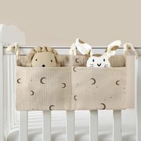 Double Layer Cotton Baby Crib Organizer Bedside Storage Pocket Hanging Bag for Nursery Essentials with Multiple Compartments and Adjustable Straps One Size
