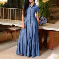 Women's Plus Size Denim Maxi Dress Short Sleeve Button Down Shirt Dress with Pockets S šviesiai mėlyna spalva