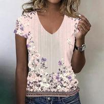 Women V Neck Short Sleeve Top Floral Print Casual Loose Fit T Shirt Lightweight Comfortable Blouse for Daily Wear XXL violetinė