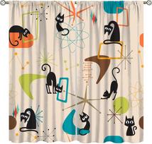 Abstract Art Black Cat Curta,Modern Vintage 70S Mid-Century Geometric Art Atomic Star Explosion Windows Treatments Drapes For 53x116CM-2PC