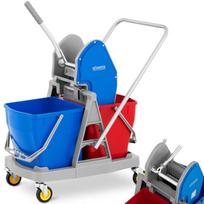 Floor washing trolley with wringer press for flat mop two buckets 2 x 20 l
