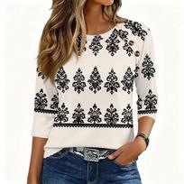 Women's Geometric Print 3/4 Sleeve Round Neck T-Shirt with Button Trim L smėlis