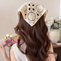 Female Beige Triangle Hair Scarf Bandana Crochet Sheer Mesh Knitted Scarf Retro Headscarf Versatile Neck Scarf Hair Accessories One Size black