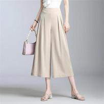 Women Summer Loose Satin Wide Leg Trousers Elastic Band High Waist Solid Fashion Female Casual Thin Oversize Calf-length Pants S abrikosas