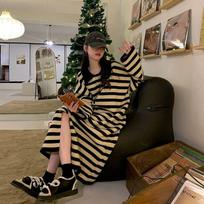 Vintage striped knitted dress lazy wind polo collar temperament age reduction loose casual fashion long skirt S