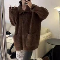 Lazy Style Lapel Sweater Autumn and Winter High-end Loose Soft Waxy Knitted Cardigan Top Jacket One size kava