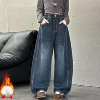 2025 Girls' Fleece-lined Wide-leg Bib Overalls - Children's Trendy Autumn-Winter Jeans 160cm