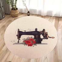 Vintage Era Sewing Machine Circular Printed Carpet Vintage Old Furniture, Anti Slip Floor Mats Rugs for Bedroom Rug Dining Room 80x80cm