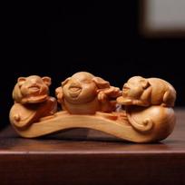 Solid wood carving piggy figurine decoration Cute animal model  Home Room Office  Wealth Luck Feng Shui Decor