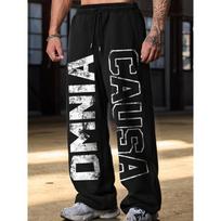 Men's Wide Leg Black Sweatpants Featuring Bold White Tribal Patterns, Relaxed Fit, Drawstring, Streetwear Essential S