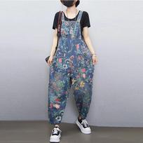 Women's Printed Denim Jumpsuit Casual Loose Wide Leg Pants Jumpsuit Large Size Pocket Suspender Jeans M mėlyna
