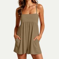 Women's Sleeveless Pocket Jumpsuit Casual Wide Leg Romper Square Neck Strap Overall Summer Playsuit XL chaki