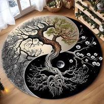 Yin Yang Tree of Life Round Rug Soft Non-Slip Boho Zen Home Decor Floor Mat Black White Tree Moon Design Carpet for Living Room 80cm x 80cm