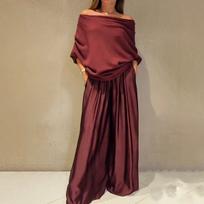 Women's Maroon Off Shoulder Top and Wide Leg Pants Set S plytų raudona spalva