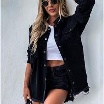Moteriški džinsiniai marškiniai ilgomis rankovėmis, madingi, plėšyti, vidutinio ilgio, su sagomis, marškiniai, topai, laisvi marškiniai 'boyfriend' stiliaus S juoda