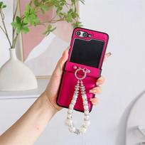 Wrist Strap Phone Case for Samsung Galaxy Z Flip 7 FE 6 5 4 3 Flip7 Flip6 Flip5 Flip4 Flip3 Hard Hinge Protective Leather Cover Galaxy Z Flip7 ryškiai rožinė
