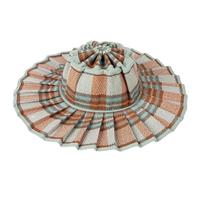 Wide Brim Pleated Plaid Pattern Sun Hat with Ruffled Edges Lightweight Breathable Material for Outdoor Use Women Men One Size rožinė