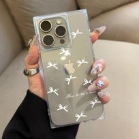 Square Back Tube Protection Clear Case For iPhone 16 ProMax 12 13 15 Plus 14 Pro Max 11 Anti-Oxygen,White Bow Tie Pattern Casing iphone 16