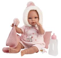 LLORENS verkianti lėlė kūdikis Olivia su tamsoje švytinčiu kombinezonu, kepurėle, migduku, buteliuku ir čiulptuku, 38 cm