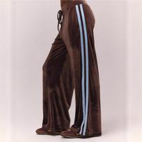 Women's Velvet Wide-Leg Track Pants High Waist Drawstring Trousers with Side Stripes S tamsiai ruda spalva