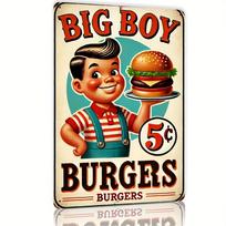 Big Boy Burgers Retro Style Metal Wall Art Sign  Diner Decor with Classic Burger Boy Illustration Easy to Hang Durable 20x30cm（7.8x11.8inch）