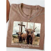 European Size Washed Cotton Fun Christian Vintage T-Shirt, Following the Word Not Conformity, Western Vintage Bible Verse Highland CowT-Shirt S auksas