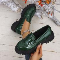 Women's Wide Width Stone Texture Loafers, British Style Platform Flats, Slip-On Autumn Shoes for Women 35 žalia
