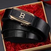 Men's Crocodile Pattern Cowhide Belt with Toothless Automatic Buckle - Versatile for Casual and Business Wear. 110 cm red