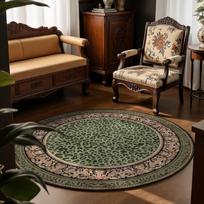 Green Leopard Print Round Rug Ornate Border for Bold Vintage Inspired Living Area 60cmx60cm
