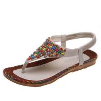 Roman sandals summer fairy wind flat bottom student clip toe rhinestone herringbone sandals extra large size 36 smėlis