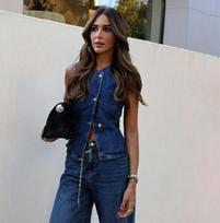 European American Women's Sleeveless Vest & Wide Leg Jeans Set - Distressed Patchwork Streetwear XXL