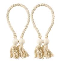Elegant Curtain Tie Backs 2Pieces Magnetic Cotton Rope Drapery Holdbacks with Wood Beads Home Decors for Living Room smėlis