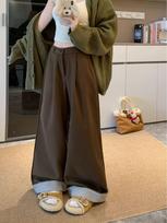 Plus Size Women's Thickened Woolen Wide-Leg Cuffed Pants - High-Waisted, Loose Fit for Autumn/Winter L (recommended for 100-120 jin)