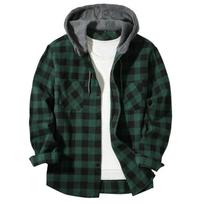 Men's Casual Long-Sleeve Loose-Fit Hooded Plaid Pocketed Shirt XL žalia