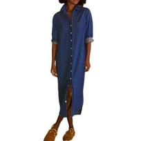 Long Sleeve Casual Denim Shirt Dress for Women Button Down Lapel Maxi Shift Jean Dress Roll Up S tamsiai mėlyna spalva