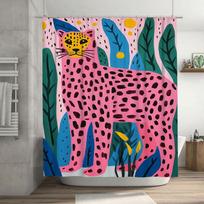 Vibrant Printed Animal Shower Curtain: Leopard Design In Bold Pink With Green Leaves Waterproof Fabric For Bathroom Decoration W60H190(CM)-1 Pcs