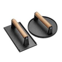 2Pcs Cast Iron Meat Press with Wood Handle Heavy-Duty Bacon Burger Smasher for Grill Griddle Skillet Rust-Proof Round Rectangular Professional BBQ A