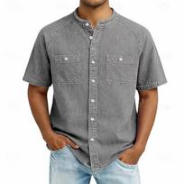 Men's Casual Short Sleeve Denim Shirt Vintage Washed American Style Button Down Henley Collar Relaxed Fit Retro Pocket Design XXXL