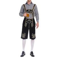 Tradicinis bavariškas vyriškas kostiumas Lederhosen su siuvinėtais petnešomis ir languotu marškiniu, tinkamas Oktoberfest kostiumų vakarėliui S juoda