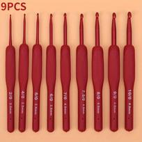 9pcs/set Red Crochet Hooks Needle Silicone Handle Aluminum Crochet Needle Set Knitting Needles DIY Sweater Weave Sewing Knitting Tool 9PCS