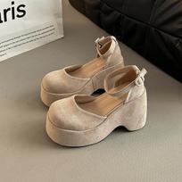 Retro bag head versatile one-button women's thick heel Mary Jane shoes summer fashion suede small high-heeled single shoes 34 chaki