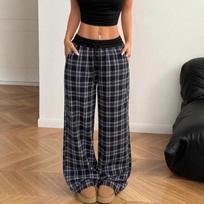 Retro Casual Floor-Length Drapey Wide-Leg Plaid Pants With Elastic Waist Straight-Leg Casual Trousers For Women S juoda