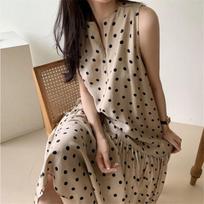 Lazy seaside vacation style sleeveless vest polka dot long dress Han Fan temperament loose long dress S chaki
