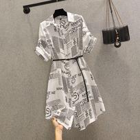 Plus Size Women's Retro Hong Kong Style Slimming Irregular Print Shirt Dress M (85-100 jin)