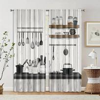 Vikama Retro Kitchen Utensil Curtain Black White Wood Grain Pattern Home Window Decor Panels Room Darkening Polyester Ideal For Cooking Area W100*H70(CM)-Grommet top&2PCS