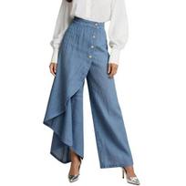 Women Pants High Waist Wide Leg Loose Fit Long Trousers Single Breasted Irregular Design S dangaus mėlyna spalva