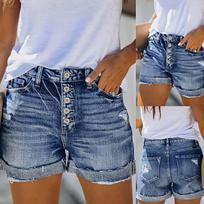 Women Casual Denim Shorts Mid Waist Stretch Band Pocket Ripped Fringe Denim Shorts L mėlyna