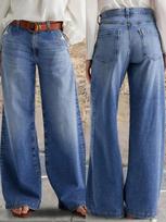 Women's Retro Plus Size Wide-Leg Jeans - Fashionable Casual Long Pants 0XL mėlyna