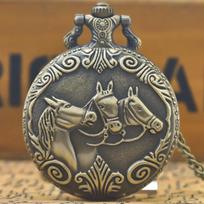 Steampunk Vintage Bronze Quartz Pocket Watch Animal Horse Carved Necklace Pendant Clock Chain Men Women Chain Gift bronza
